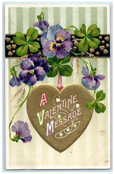 1911 Valentine Heart Flowers Clover Winsch Back Embossed Antique Postcard
