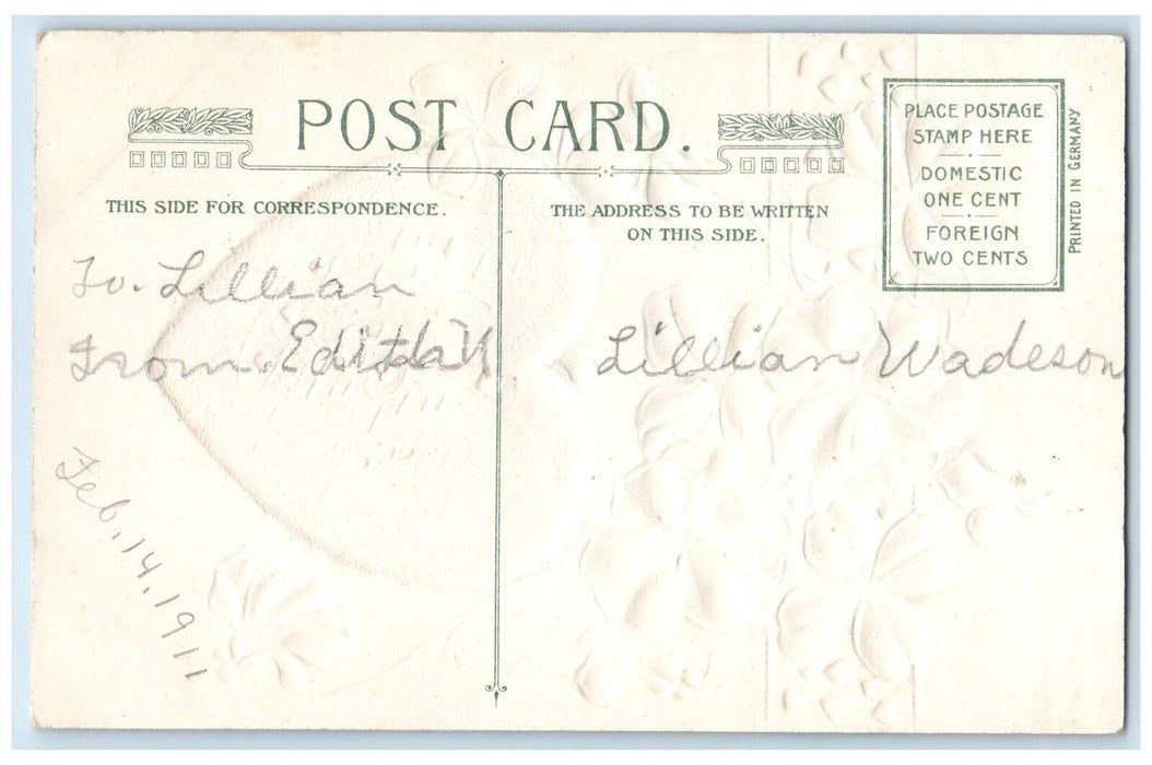 1911 Valentine Heart Flowers Clover Winsch Back Embossed Antique Postcard