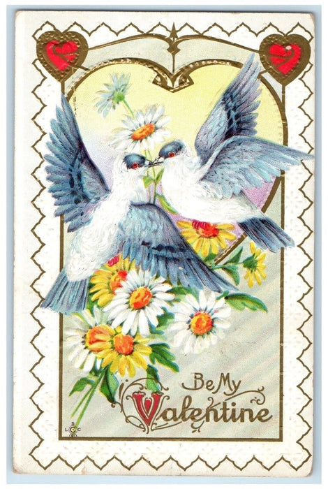 1912 Valentine Birds And Daisy Flowers Hearts Embossed Milo Maine ME Postcard