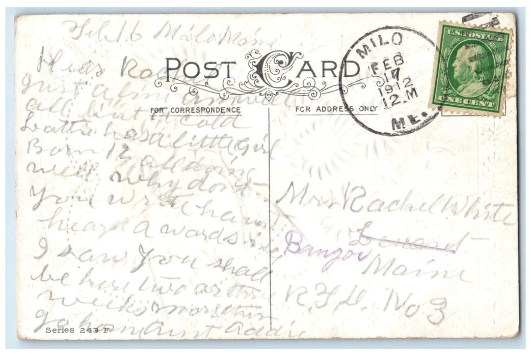 1912 Valentine Birds And Daisy Flowers Hearts Embossed Milo Maine ME Postcard