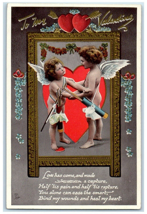 c1910's Valentine Cupid Angel Hearts And Flowers Tuck's Antique Postcard