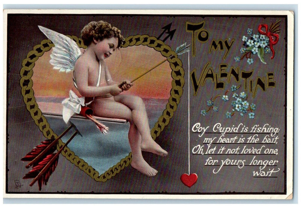 c1910's Valentine Cupid Angel Fishing Heart Bait Tuck's Antique Postcard