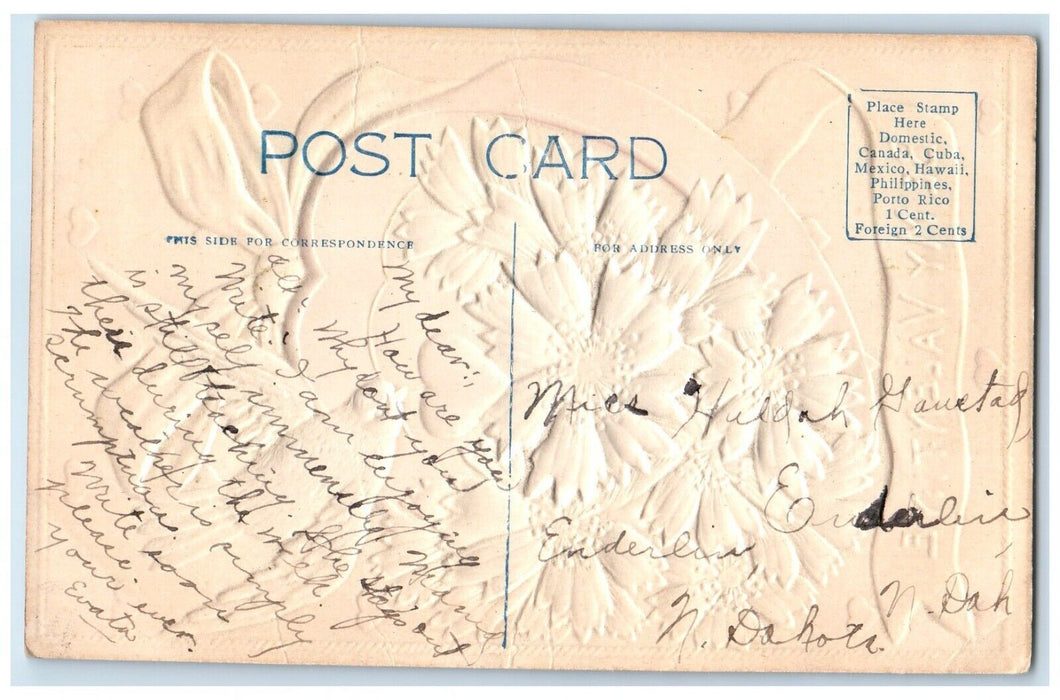 c1910's Valentine Hearts Bird And Flowers Airbrushed Embossed Antique Postcard