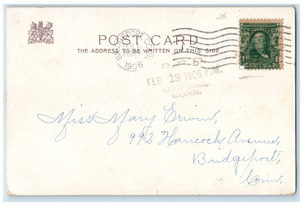 1906 Valentine Pink Flowers In Box Bridgeport Connecticut CT Antique Postcard