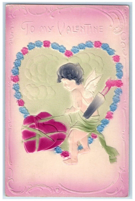 c1910's Valentine Cupid Angel Heart Flowers Airbrushed Embossed Antique Postcard