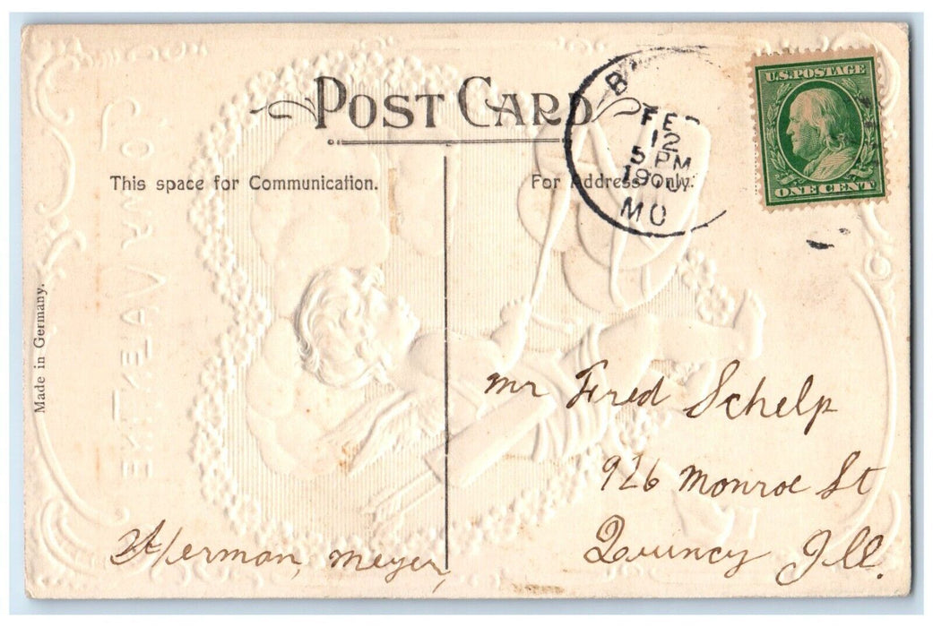 c1910's Valentine Cupid Angel Heart Flowers Airbrushed Embossed Antique Postcard