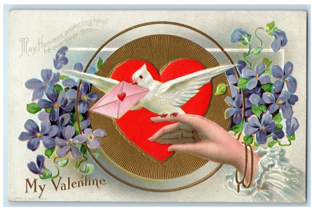 c1910's Valentine Heart Flowers Dove Embossed Woman Hand Embossed Postcard