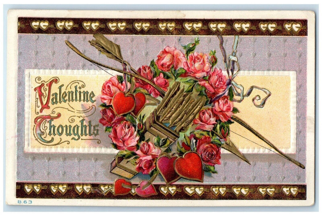 c1910's Valentine Thoughts Flowers Hearts Bow And Arrow Embossed Posted Postcard