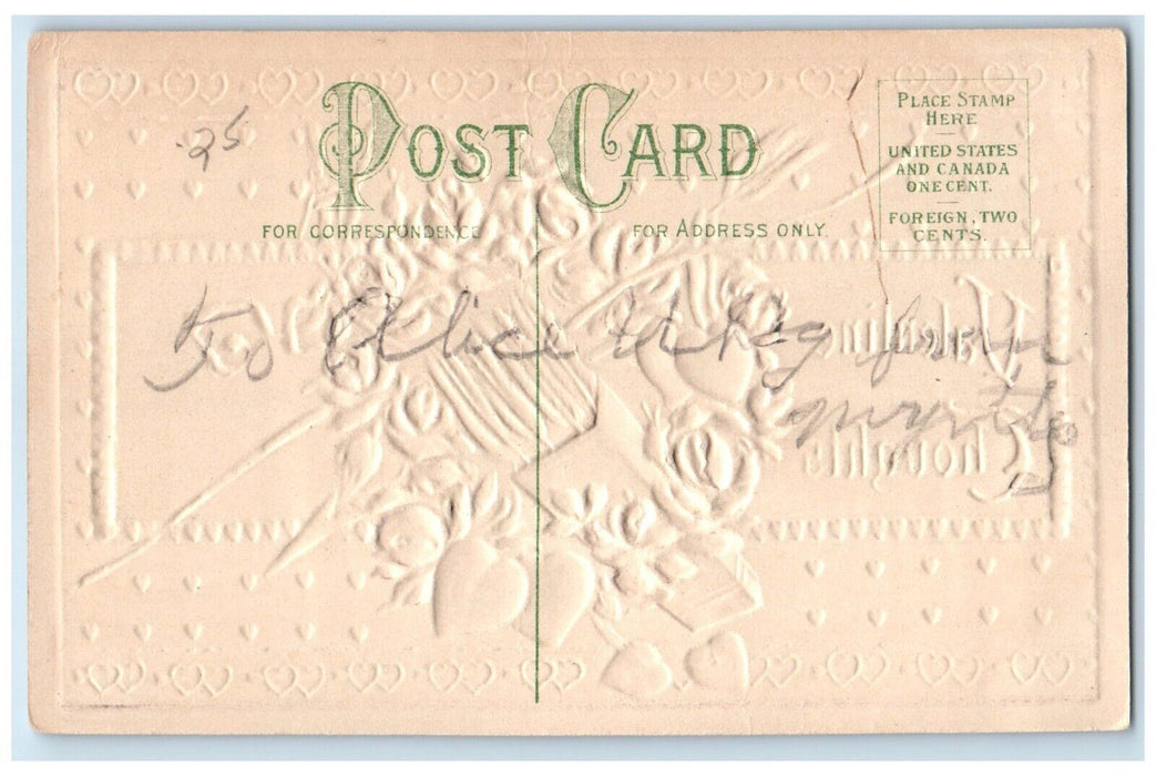 c1910's Valentine Thoughts Flowers Hearts Bow And Arrow Embossed Posted Postcard