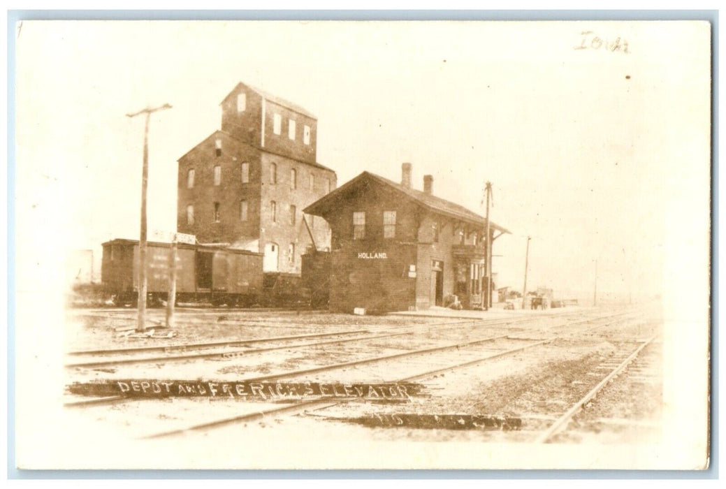 c1960 Elevators Holland Iowa IA Railroad Train Depot Station RPPC Photo Postcard