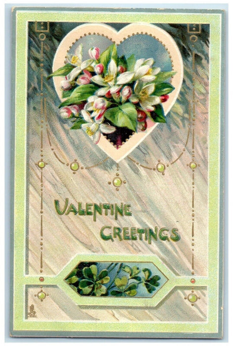 1912 Valentine Greetings Heart Flowers Shamrock Embossed Antique Tuck's Postcard