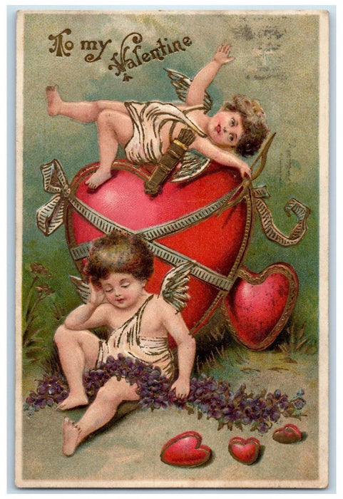 1908 Valentine Cupid Angels Hearts With Bow And Arrow Embossed Antique Postcard