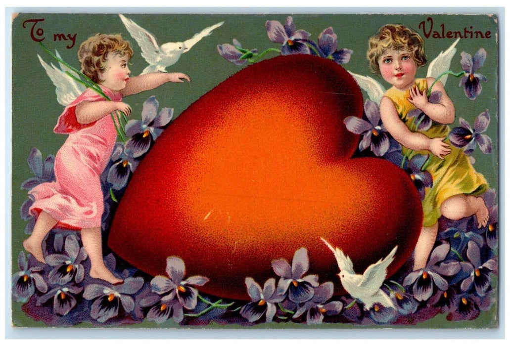 c1910's Valentine Giant Hear Angels And Flowers Dove Posted Antique Postcard