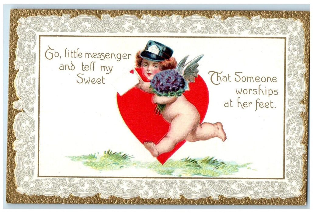 1910 Valentine Heart Mailman Cupid Angel Letter Flowers Embossed Tuck's Postcard