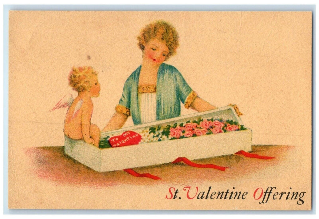 c1910's St. Valentine Offering Cupid Angel Woman With Flowers In Box Postcard