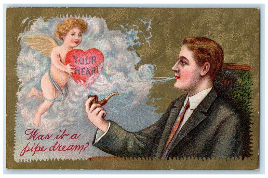 c1910's Valentine Heart Cupid Angel Man Pipe Dream Smoke Embossed Postcard