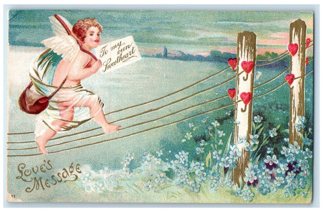 Valentine Cupid Angel Mailman Love Message Hearts Flowers Clapsaddle Postcard