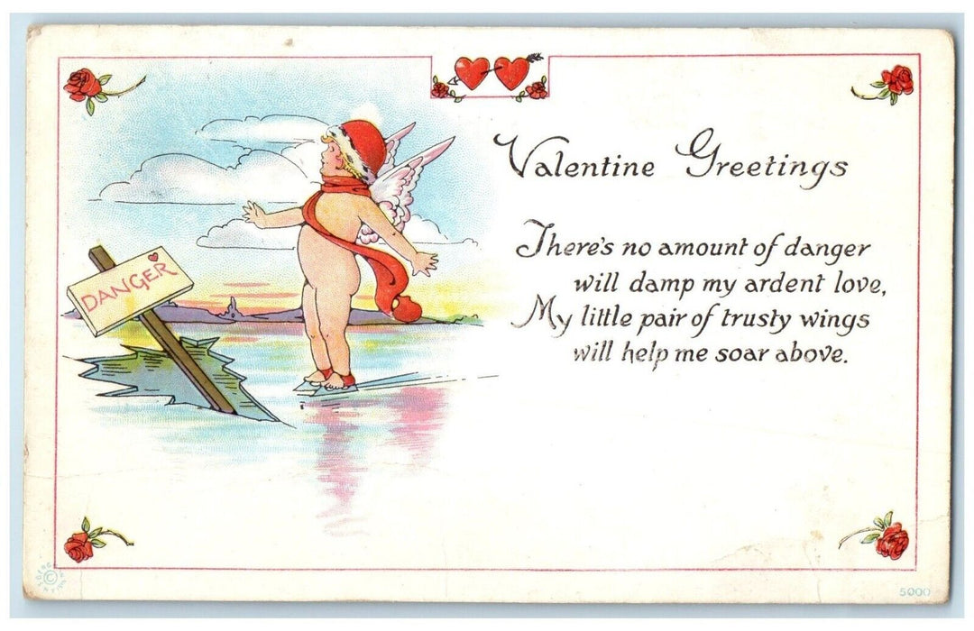 c1910's Valentine Greetings Cupid Angel Ice Skating Danger Sign Hearts Postcard