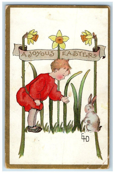 1911 Easter Boy Bunny Rabbit Flowers Embossed Nye Wisconsin WI Antique Postcard