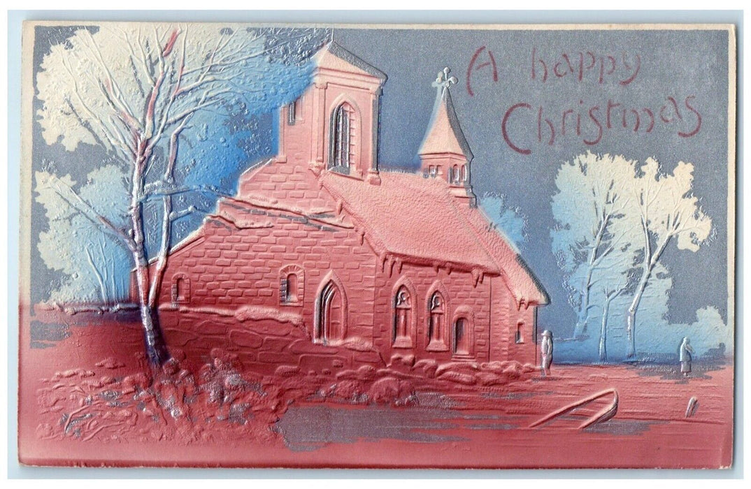 1908 Christmas Church Boat Scene Airbrushed Embossed Houston Minnesota Postcard