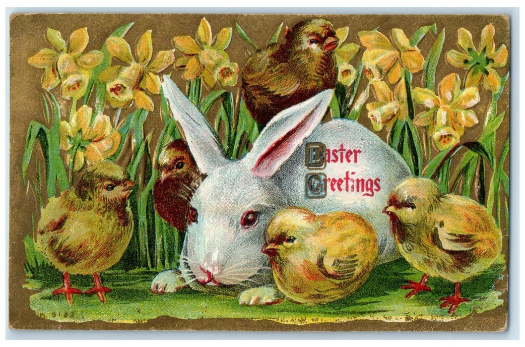 Easter Greetings Rabbit Chicks Flowers Embossed Fairview Wisconsin WI Postcard