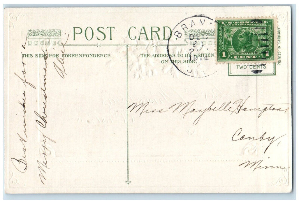 1914 Christmas Wishes Frank Vernon Holly Berries Winsch Back Embossed Postcard