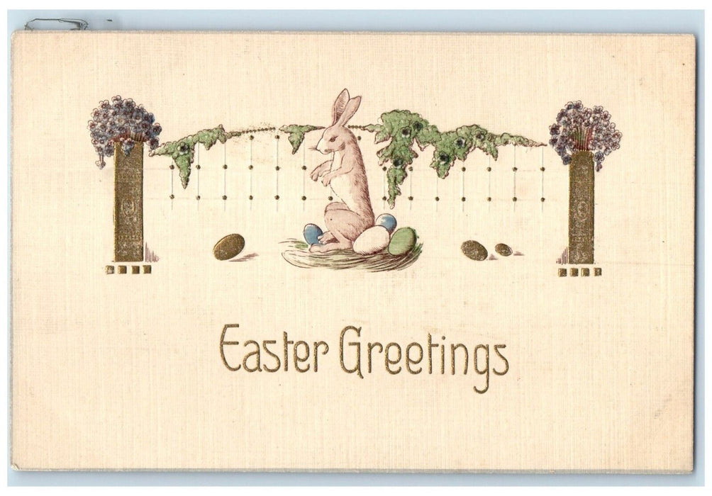 1912 Easter Greeting Rabbit Eggs Flowers Embossed Winona Minnesota MN Postcard