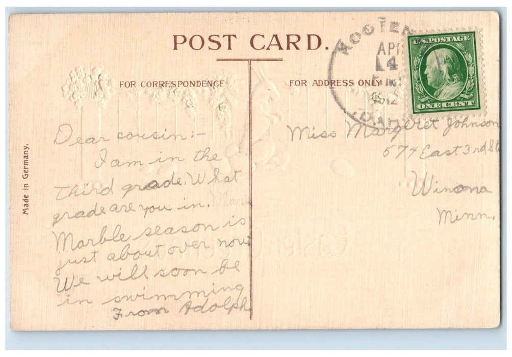 1912 Easter Greeting Rabbit Eggs Flowers Embossed Winona Minnesota MN Postcard