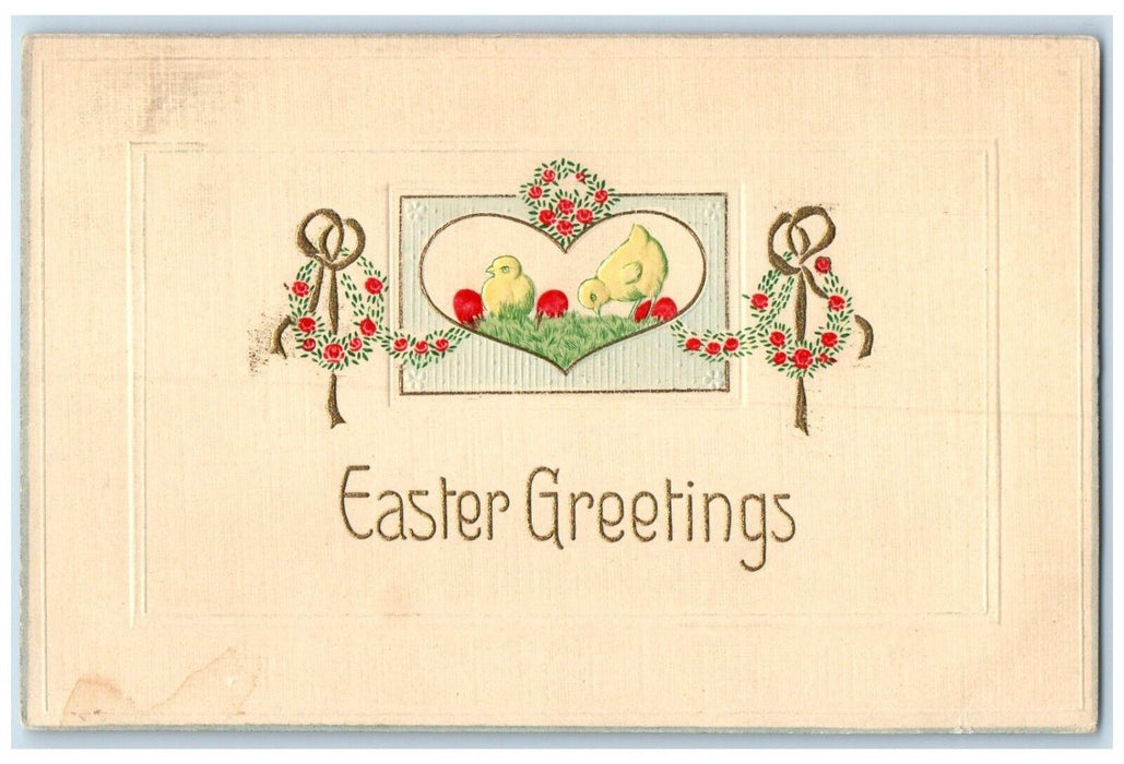 1912 Easter Greetings Heart Chicks Flowers Winona Minnesota MN Antique Postcard