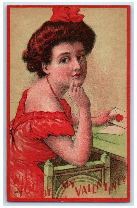 c1910's Valentine Heart Pretty Woman Letter  Unposted Antique Postcard