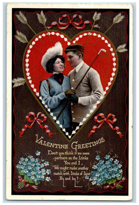 c1910's Valentine Greetings Heart Couple Romance Flowers Tuck's Antique Postcard