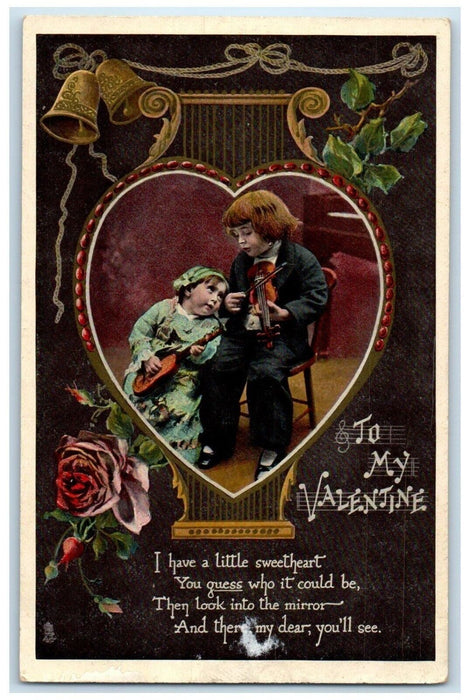 c1910's Valentine Little Sweetheart Playing Violin Bells Flowers Tuck's Postcard