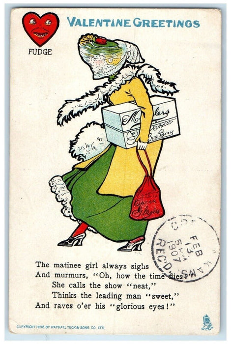 1907 Valentine Greetings Heart Fudge Matinee Girl Howard Kansas Tuck's Postcard