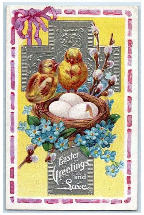 Easter Greetings Cross Chicks Eggs Nest Flowers Pipe Berry Weblake WI Postcard