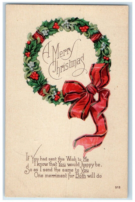 1924 Christmas Whreat Berries Red Ribbon Murdock Minnesota MN Vintage Postcard