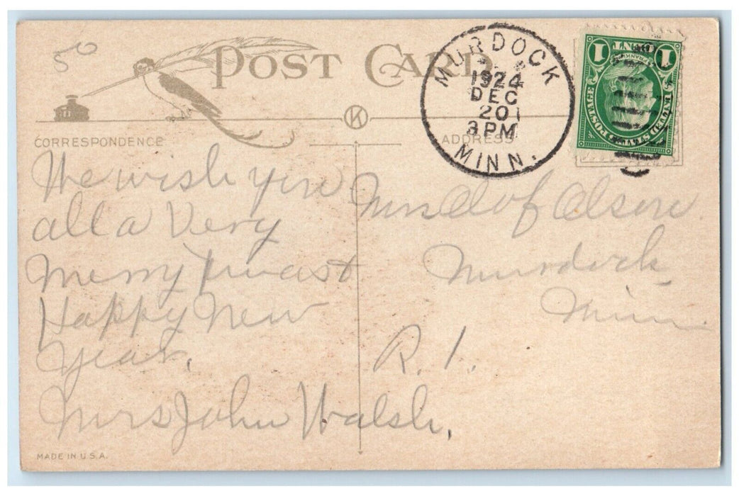 1924 Christmas Whreat Berries Red Ribbon Murdock Minnesota MN Vintage Postcard