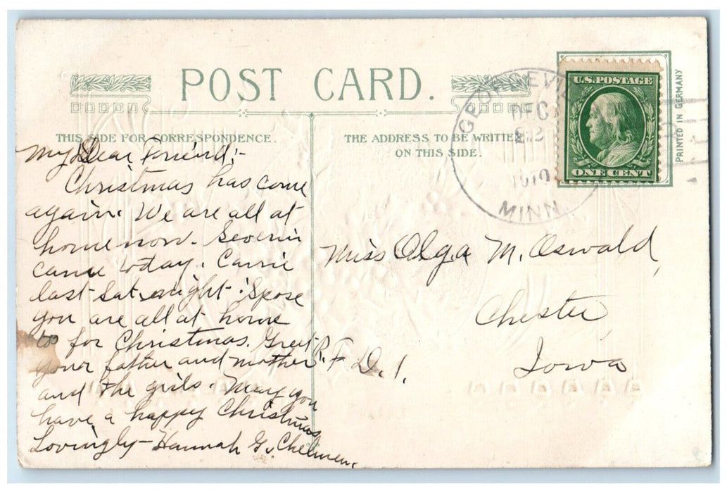 1910 Christmas Holly Berries Winsch Back Embossed Georgeville MN Posted Postcard