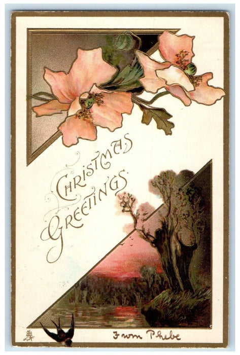 Christmas Greetings Flowers And River Scene Dual View Embossed Antique  Postcard