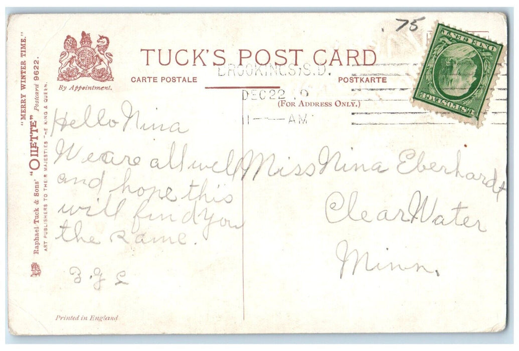 c1910's Christmas Children Playing Snowball Fighting Oilette Tuck's Postcard