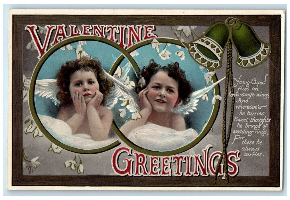 1910 Valentine Greetings Cupid Angels Ringing Bells Columbia Wisconsin Postcard