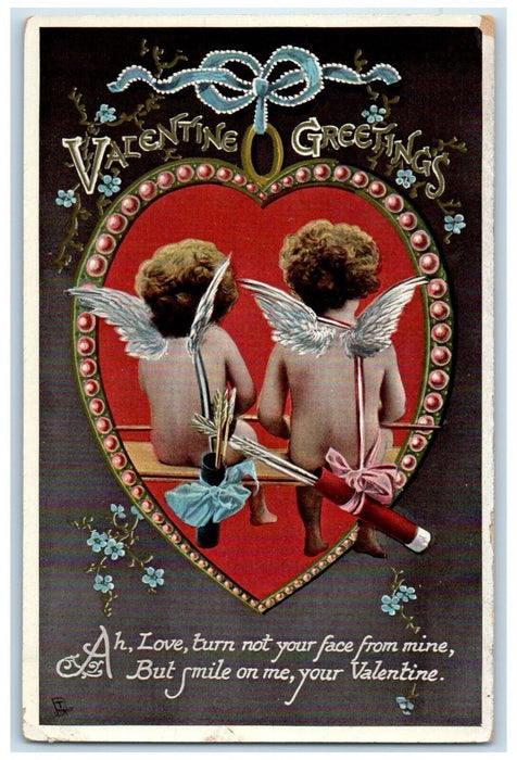 1910 Valentine Greetings Heart Cupid Angels Bare Butt Flowers Antique Postcard