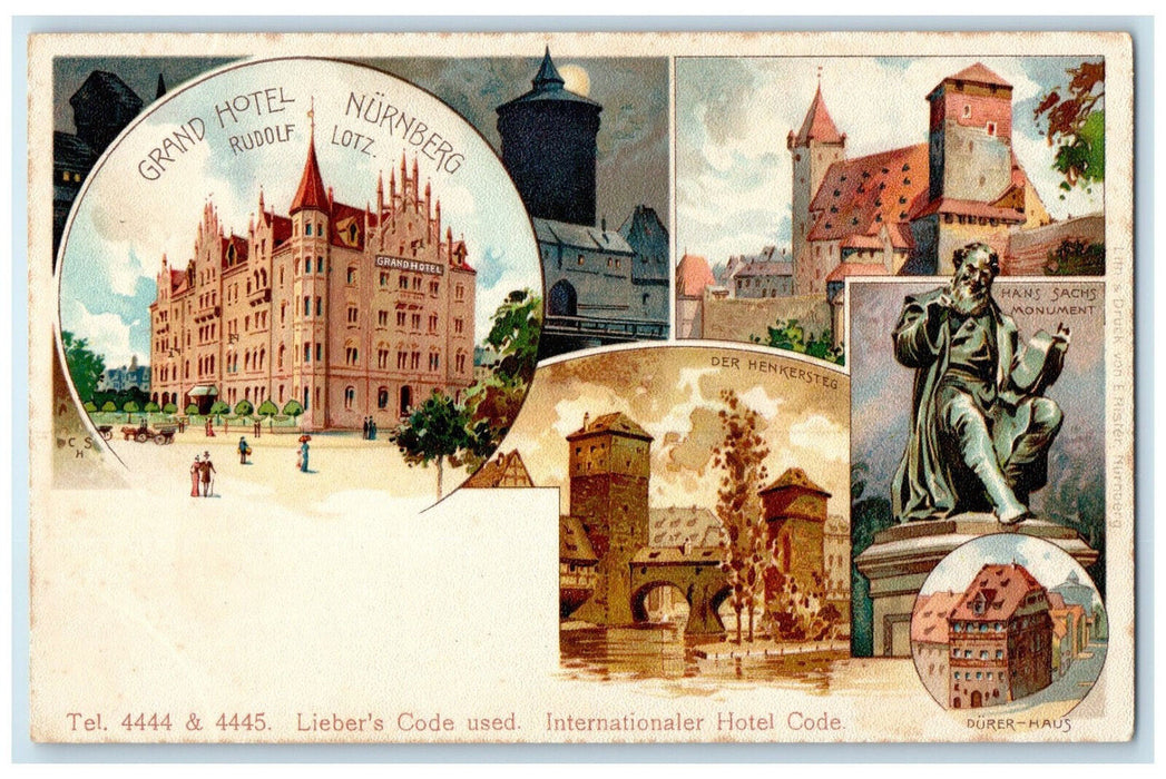 c1910 International Hotel Code Nuremberg Germany Multiview Moonlight Postcard