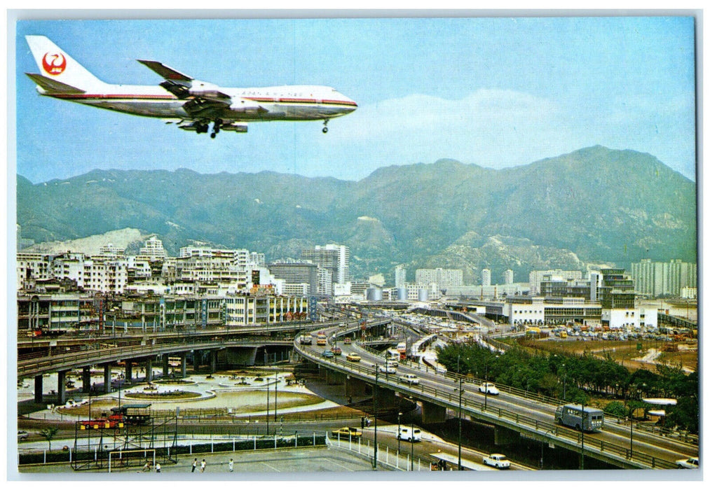 c1950's Airplane Landing From Lung Tseung Road Japan Airlines Hong Kong Postcard