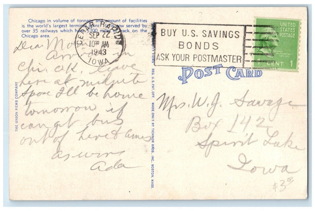 1943 Chicago Railroad Center Of The World Train Cedar Rapids Iowa IA Postcard