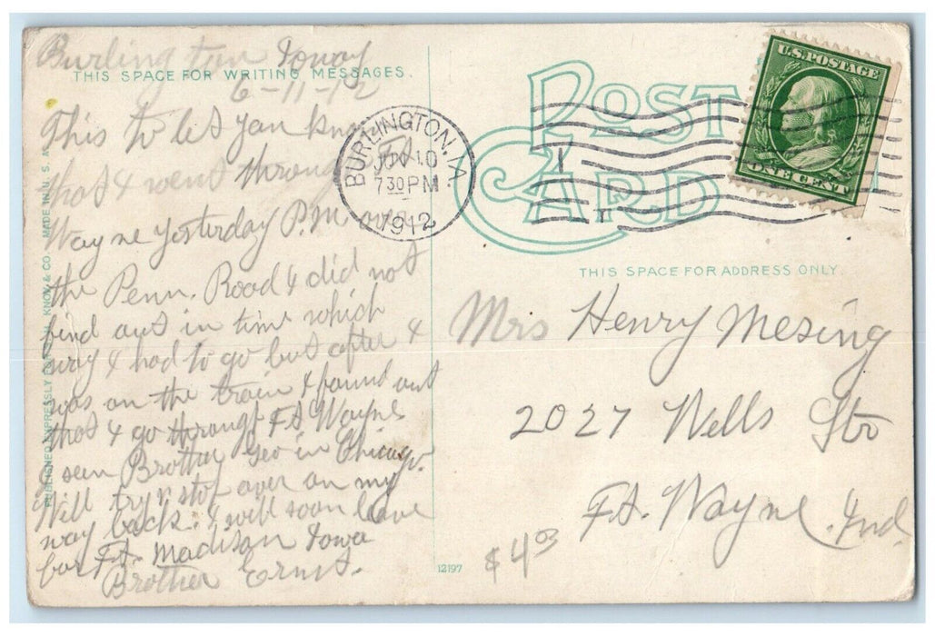 1912 Union Depot Station Burlington Iowa IA Posted Antique Postcard