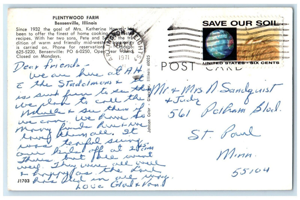 1971 View Of Plentywood Farm Cabin House Bensenville Illinois IL Posted Postcard