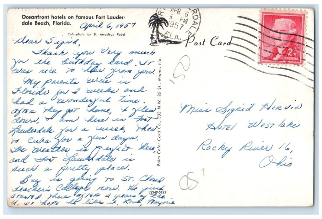 1957 Aerial View Oceanfront Hotels Fort Lauderdale Beach Florida FL Postcard