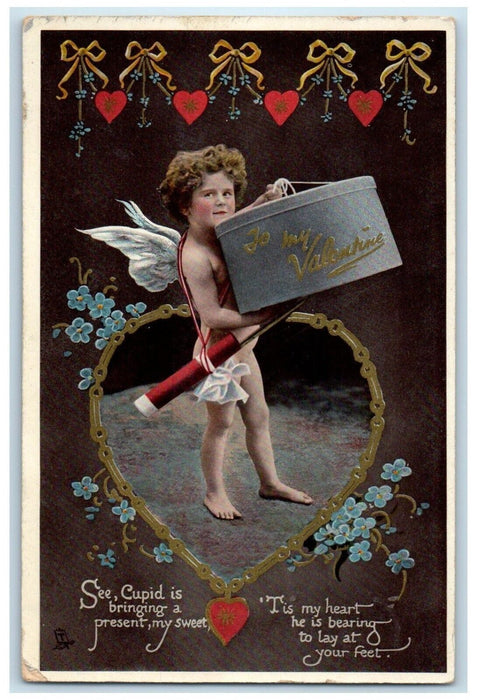 1912 Valentine Hearts Cupid Angel Flowers Tuck's Pleasant Plain IL Postcard