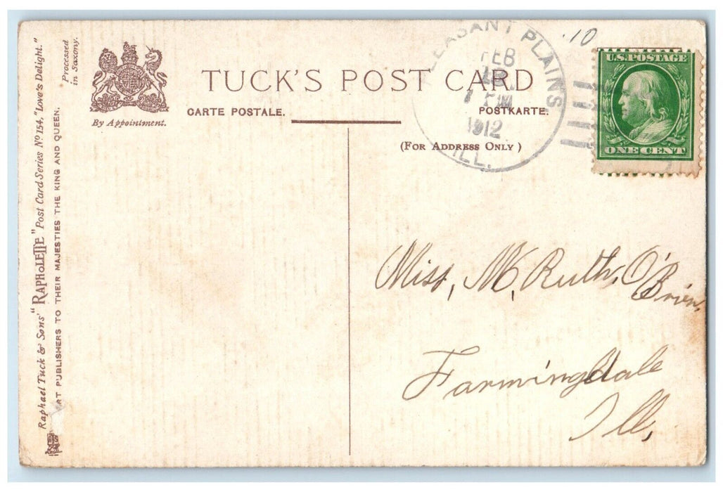 1912 Valentine Hearts Cupid Angel Flowers Tuck's Pleasant Plain IL Postcard