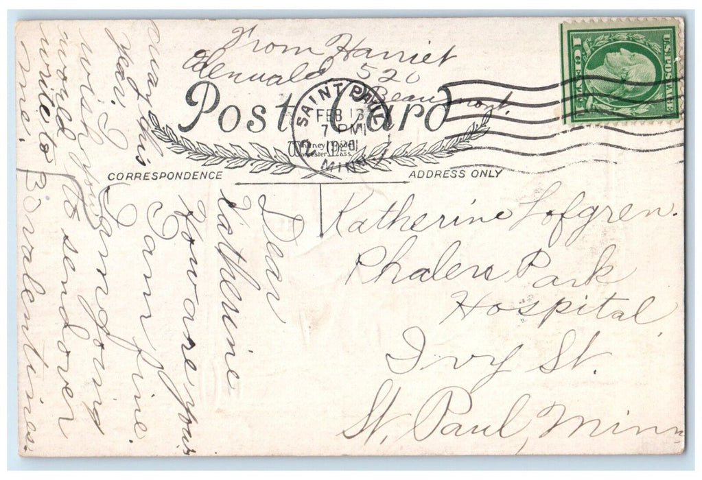 1920 Valentine Girl Stitching Pants Embossed Saint Paul Minnesota MN Postcard
